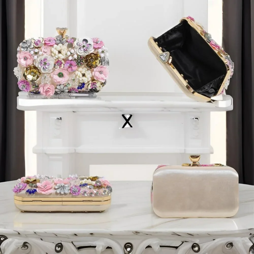 Beaded Floral Evening Clutch Satin Bag Guest Party Wedding Accessories